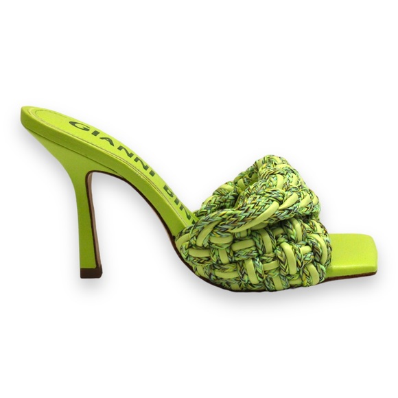 Gianni Bini Shoes - Gianni Bini Bibby Woven Green Leather Corded Square Toe High Heel Mule Sandals